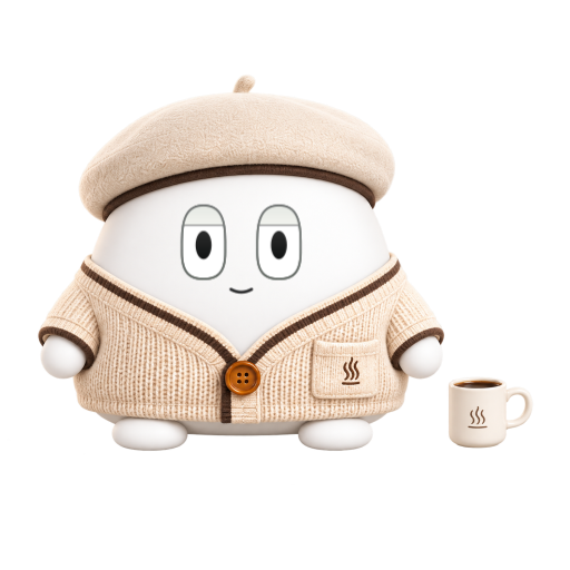 Coffee Pause: Zomumu in its approved beret and knit cardigan, with a small coffee beside it