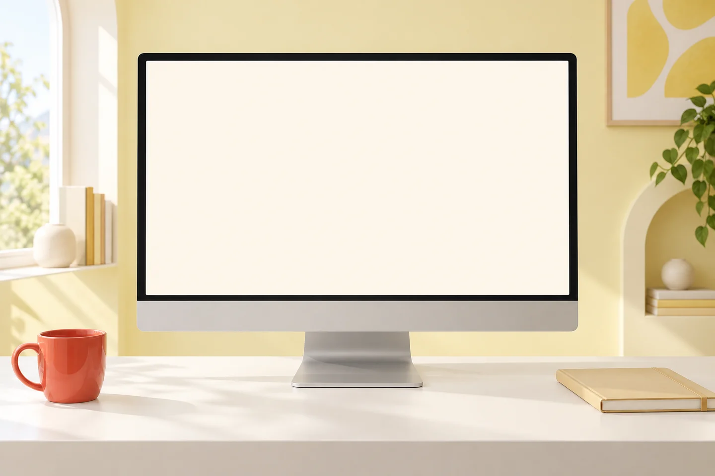 A sunlit desk with a monitor, red cup, and notebook
