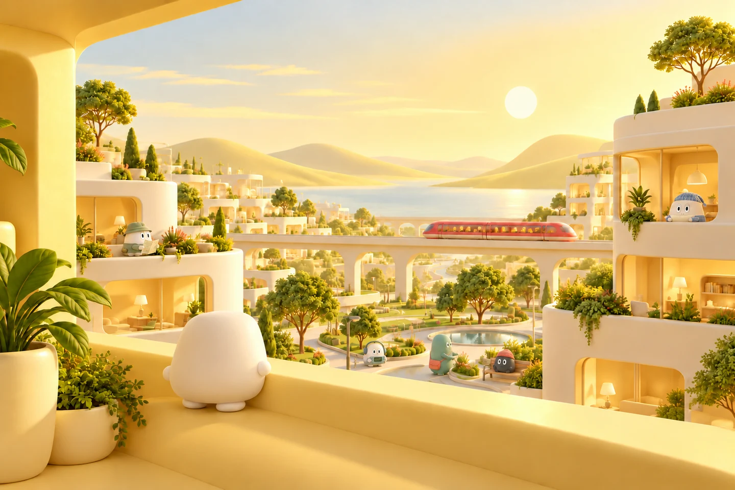 Zomumu looks over the Slowbeat Kingdom: sunlit homes, a red train, and neighbors reading maps, playing, and tending a garden