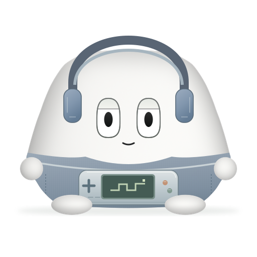 Pocket Player wearing headphones, with a handheld console