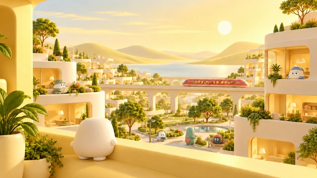 An inhabited future kingdom with warm terraces, gardens, a red train and small residents in different outfits